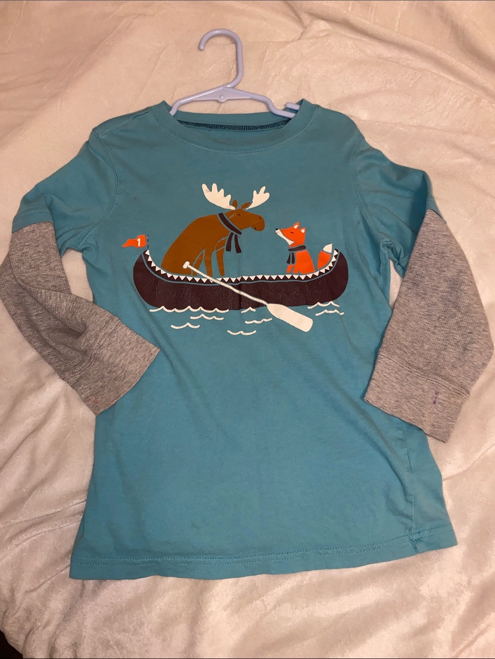 Carter's Boys Size 6 Long Sleeve Shirt Teal Blue Moose Fox Canoe Layered Look